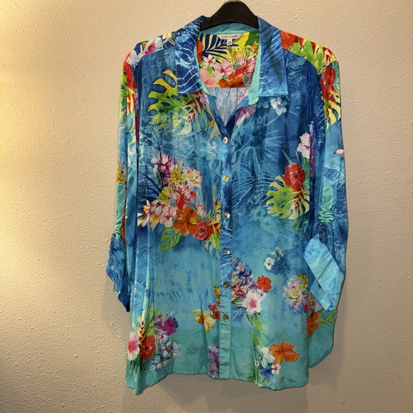 John Mark Tops - John Mark Shirt Top Women 2X Island Dreaming Floral Print Colorful Blue Boho NEW